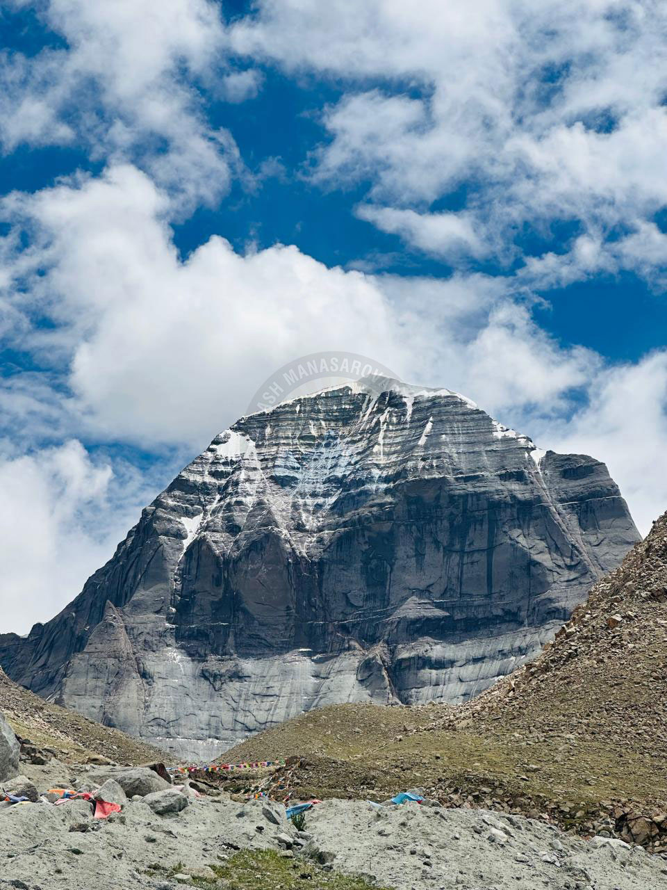 Pilgrims on a spiritual journey with Mount Kailash in the backdrop, surrounded by beautiful landscapes