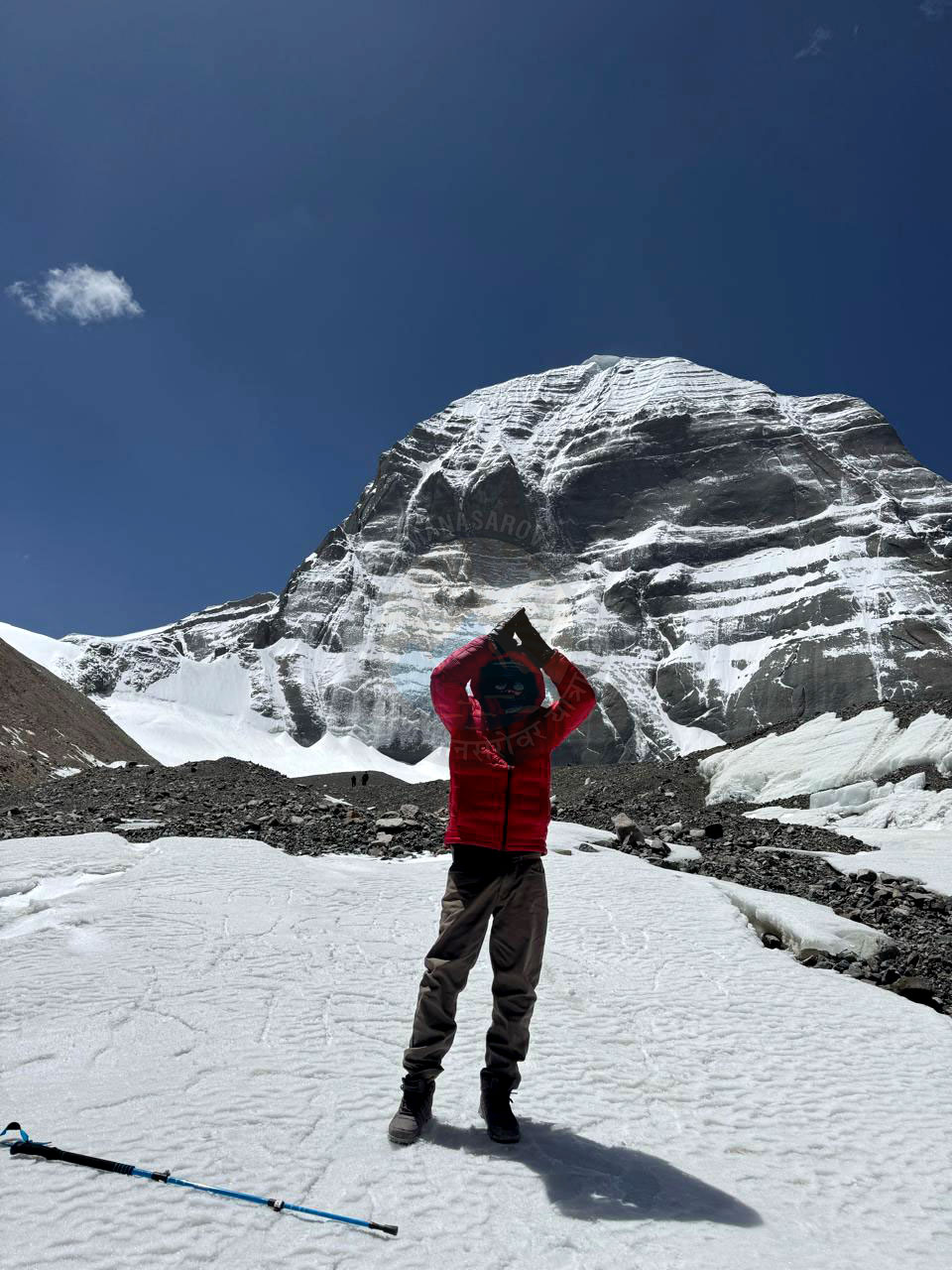 Pilgrims looking in awe at Mount Kailash amidst clear skies and snowy peaks