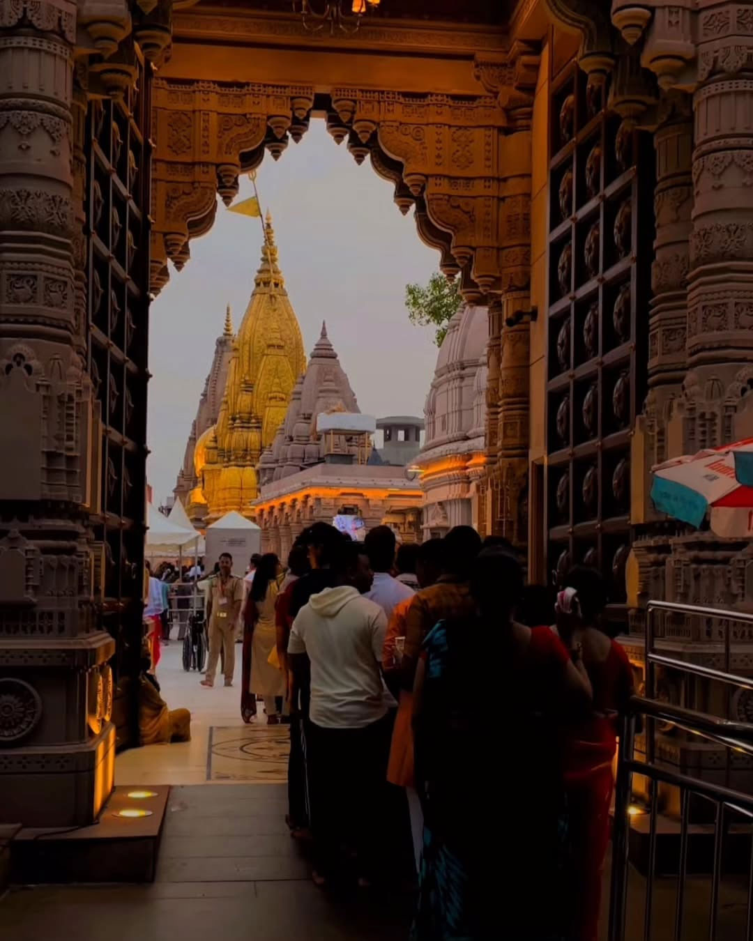 Front view of Kashi Vishwanath Temple with golden spire in Varanasi, India