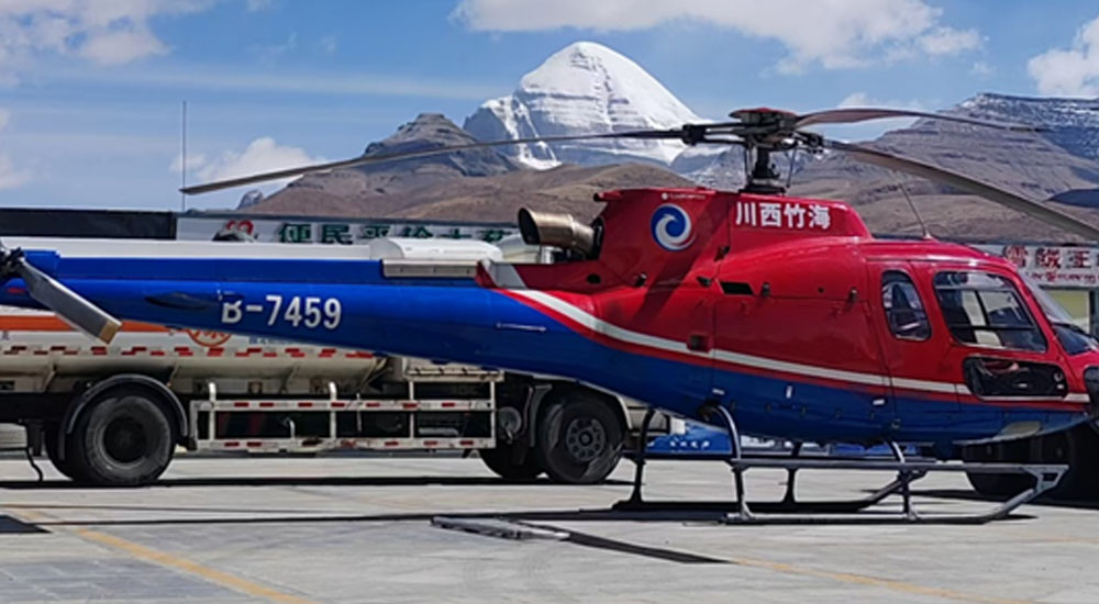 Helicopter stationed near Kailash Mansarovar for parikrama