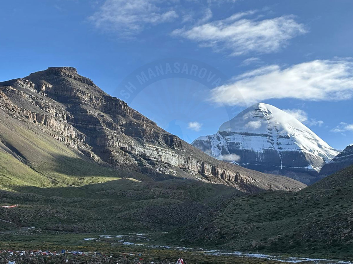 Scenic view of Mount Kailash covered with snow during the Manasarovar Yatra trek in Tibet Himalayas