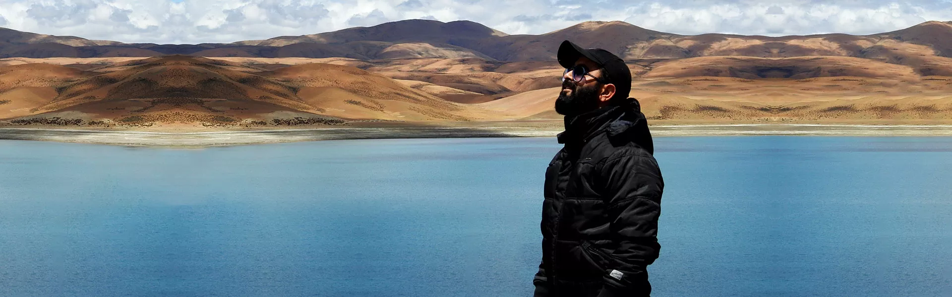 Vishal Gogia at Lake Mansarovar and Mount Kailash in the background