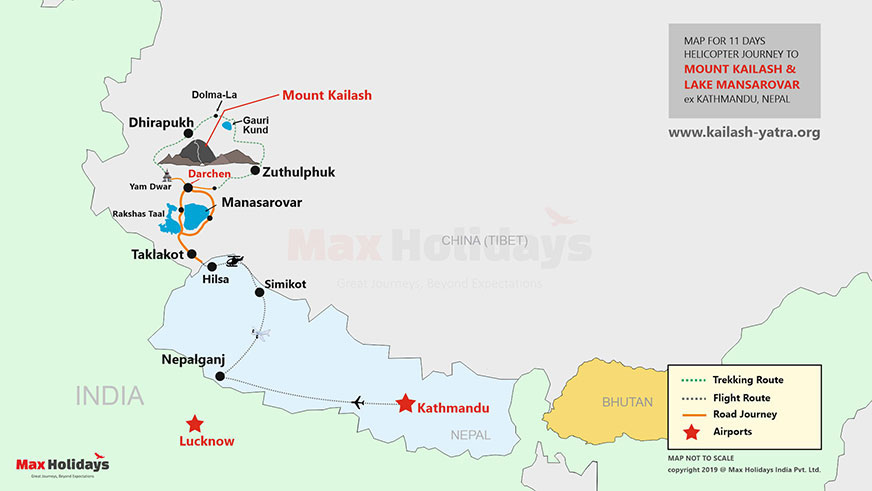 काठमांडू से हेलीकाप्टर द्वारा कैलाश मानसरोवर यात्रा मानचित्र
