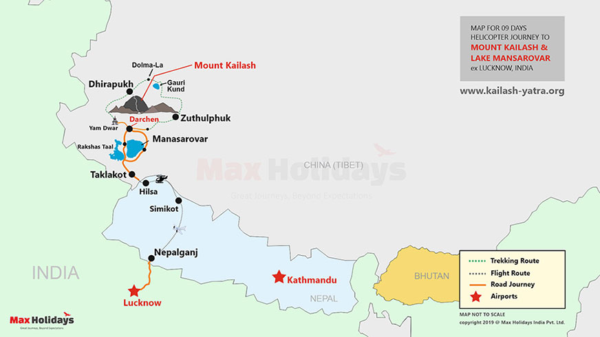 लखनऊ से हेलीकाप्टर द्वारा कैलाश मानसरोवर यात्रा मानचित्र